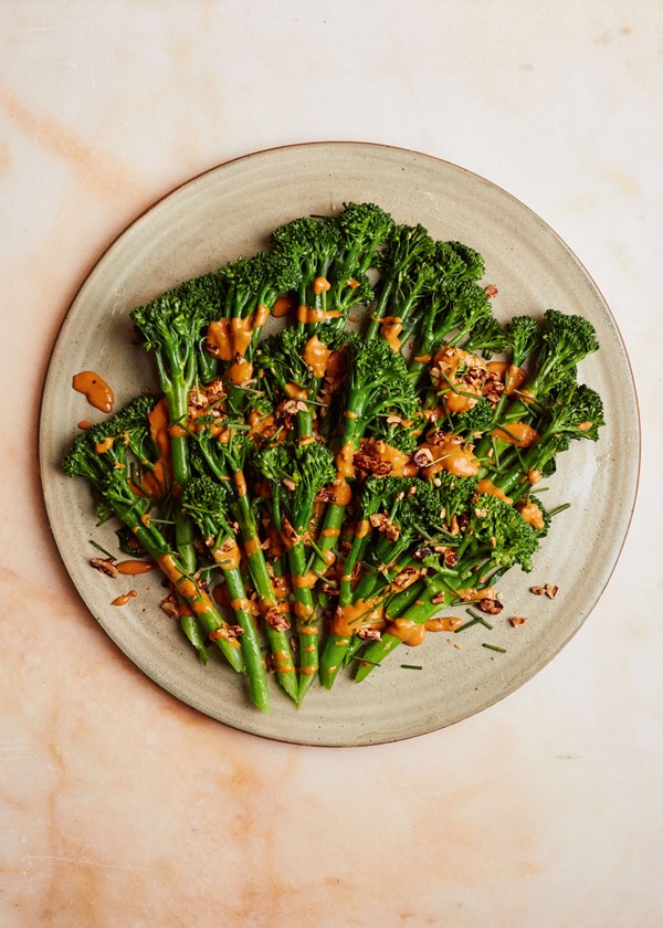 Broccolini with peanut gochujang dressing