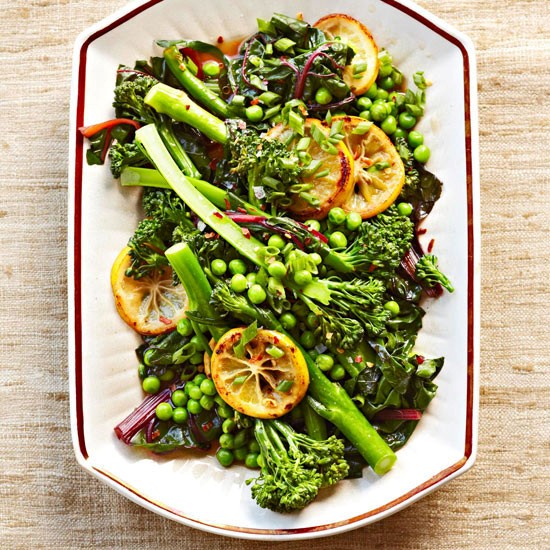 Broccolini with peas and seared lemons