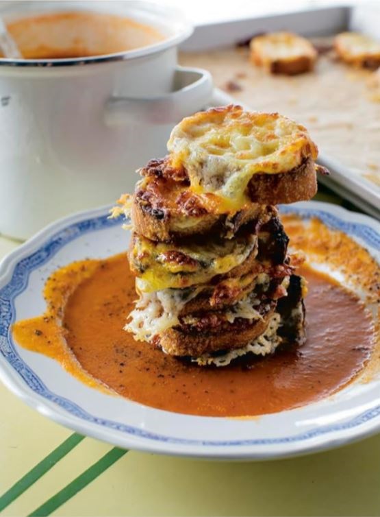 Broiled and burnt roasted tomato soup with grilled cheese crostini thing