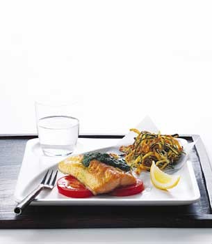 Broiled Arctic char with basil sauce and tomato