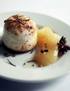 Broiled brousse cheese with pickled pear