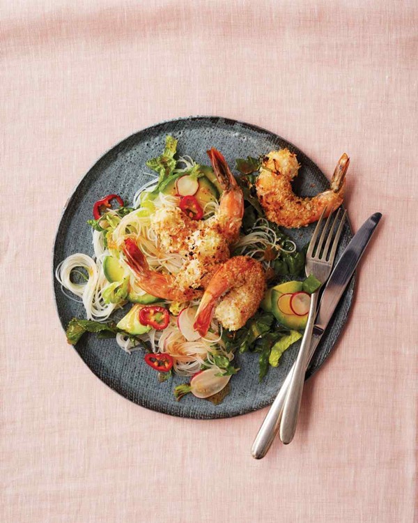 Broiled coconut-and-lime-crusted shrimp with rice-noodle salad