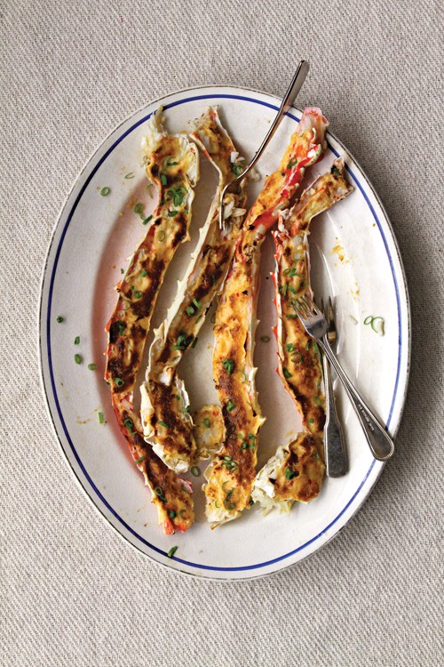 Broiled crab legs with sake and yuzu kosho sabayon