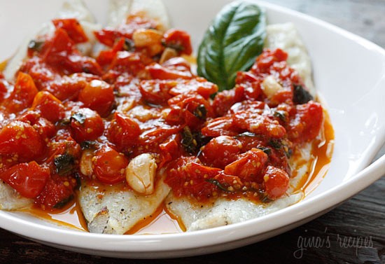 Broiled fish with summer grape tomato sauce