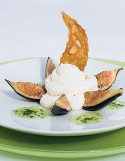 Broiled fresh figs, goat cheese-mascarpone crema with sweet basil sauce and pine nut tuile