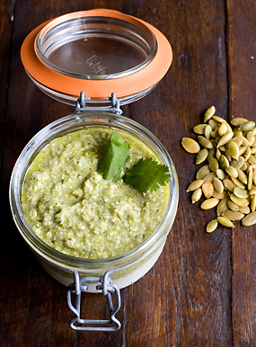Broiled goat cheese with pumpkin seed sauce