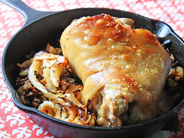 Broiled ham hock with braised cabbage