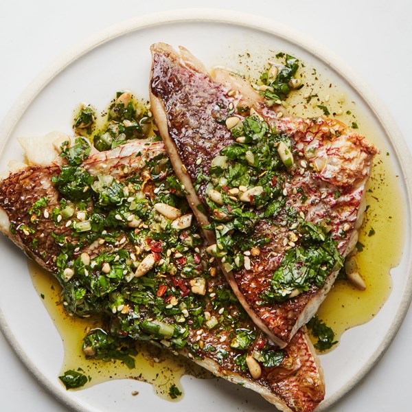 Broiled red snapper with za'atar salsa verde