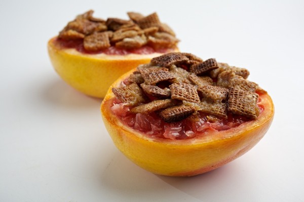 Broiled ruby red grapefruit with wheat chex streusel
