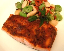 Broiled salmon glazed with romesco sauce or “whatever”