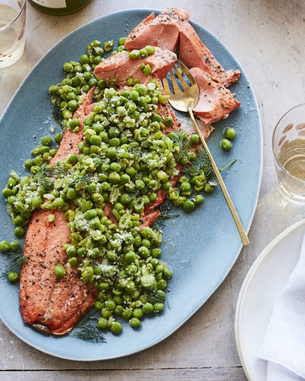 Broiled salmon with spring peas