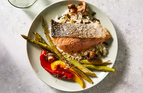Broiled salmon with veggies and scallion rice