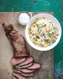 Broiled steak with rice salad