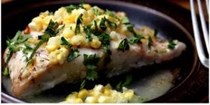 Broiled striped bass with brown butter corn sauce