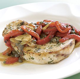 Broiled swordfish with browned butter & red pepper sauce