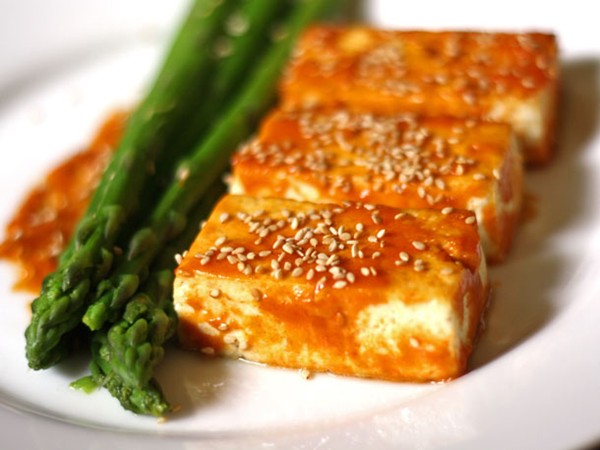 Broiled tofu with miso glaze and asparagus