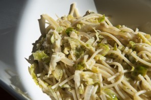 Broken spaghetti with shredded brussels sprouts and onions