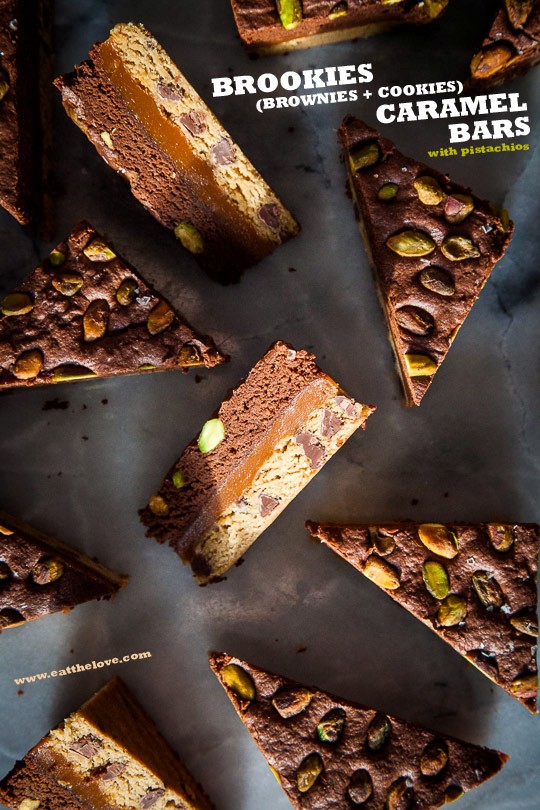 Brookies (brownies + cookies) salted caramel bars with pistachios