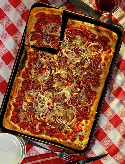 Brooklyn style thick-crusted Sicilian-style pizza