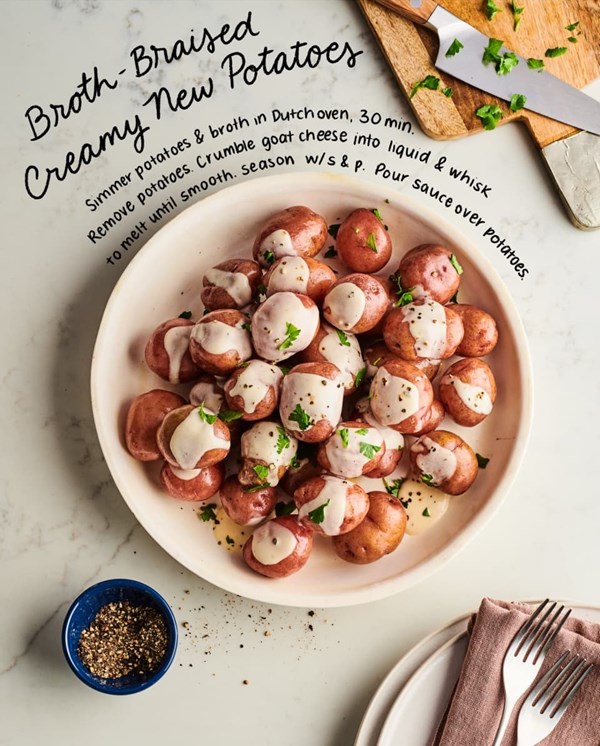 Broth-braised creamy new potatoes