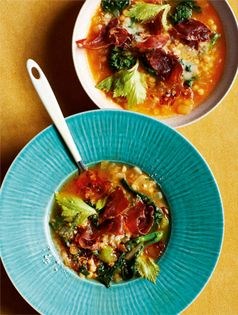 Broth, some fregola, some broccoli rabe, and crispy prosciutto