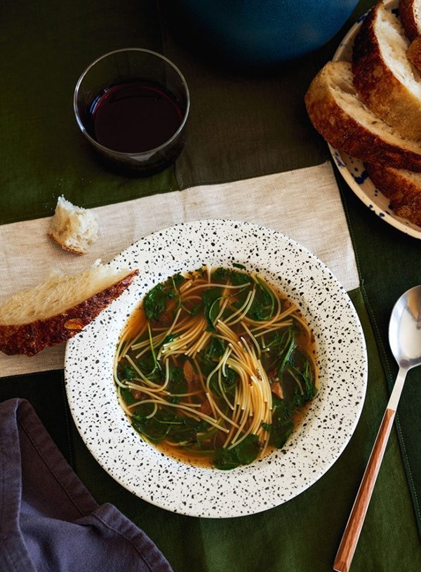 Broth with angel hair pasta, watercress & porcini vegetarian (Brodo con capellini, crescione e porcini)