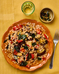 Brothy and spiced aubergine tomato rice
