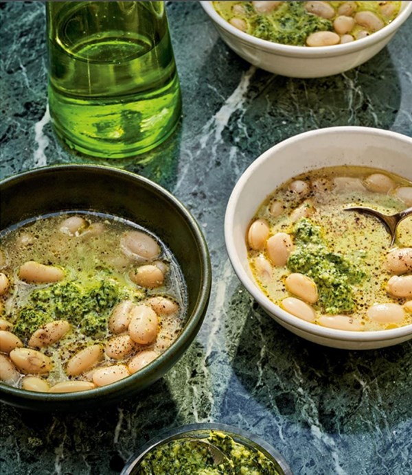Brothy basil beans