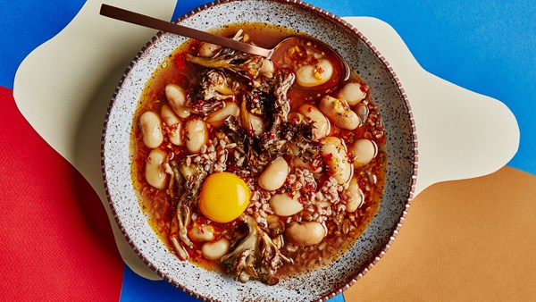Brothy beans and farro with eggs and mushrooms