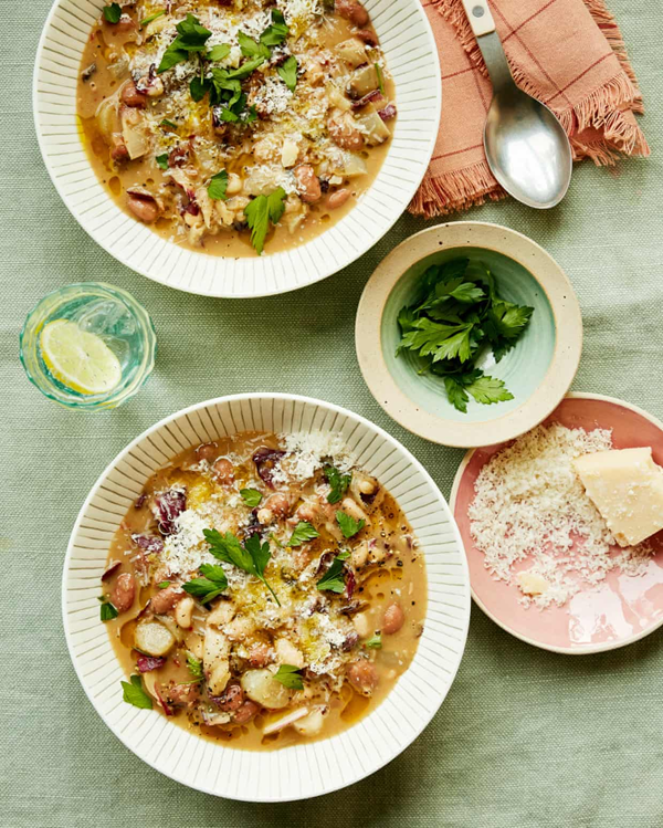 Brothy braised chicory and beans