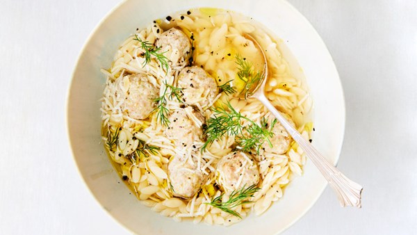 Brothy orzo and pork meatballs