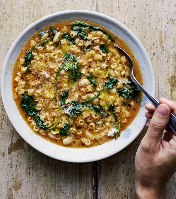 Brothy pasta with beans + greens