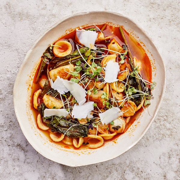 Brothy pasta with miso-butter turnips