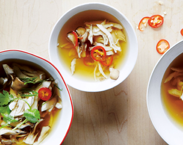Brothy poached chicken with mushrooms and fresh chile