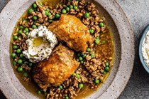 Brothy spelt & crispy skinned chicken with herbed ricotta