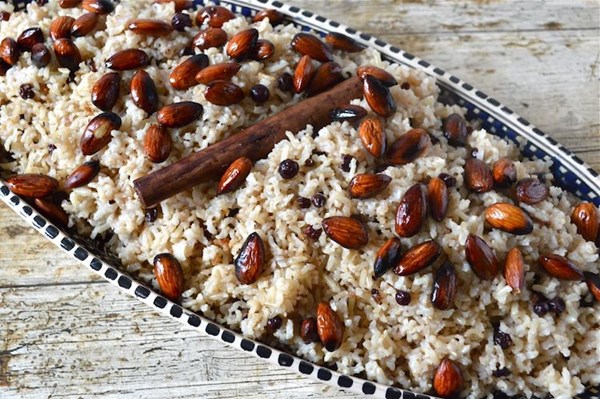 Brown basmati rice pilaf with currants, barberries and almonds