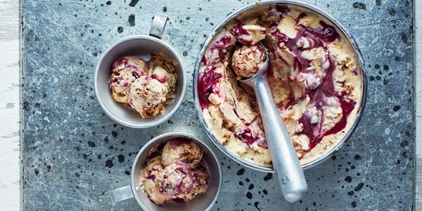 Brown bread ice cream with blackcurrant curd ripple