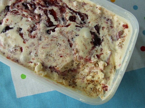 Brown bread ice cream with a raspberry jam ripple