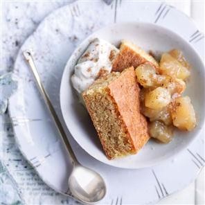 Brown butter and almond cake with mulled cider compote and Calvados cream