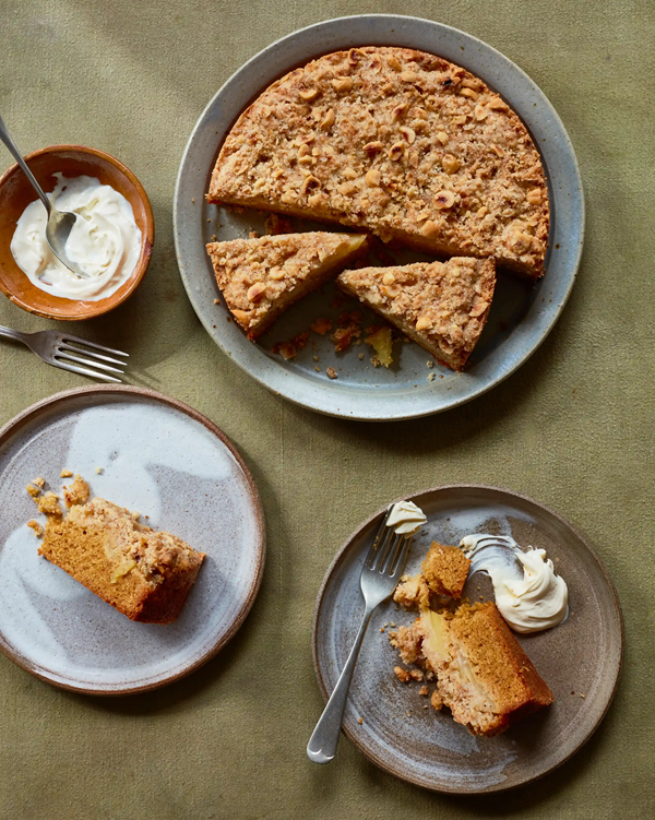 Brown butter apple and nut crumble cake