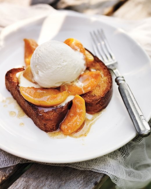 Brown-butter apricots with brioche and ice cream