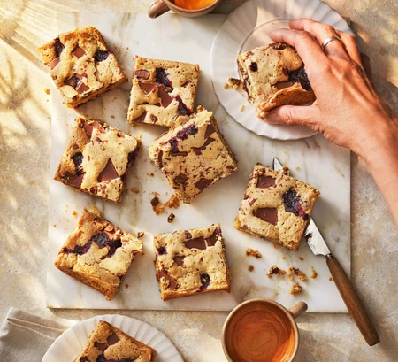 Brown butter blueberry and oat milk chocolate blondies