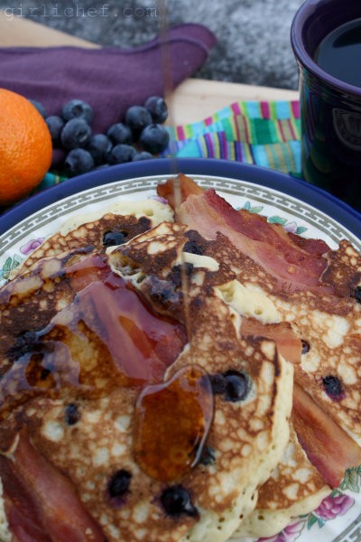 Brown butter blueberry bacon pancakes