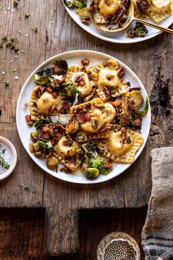 Brown butter Brussels sprout and bacon ravioli