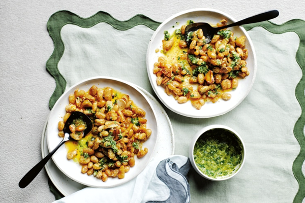 Brown-butter butter beans with lemon and pesto