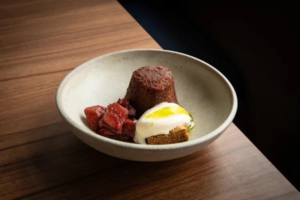 Brown butter cake with apple compote and mascarpone ice cream
