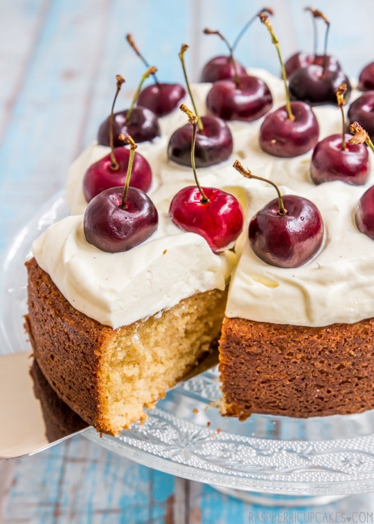 Brown butter cake with vanilla bean cream and cherries