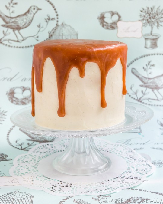 Brown butter cake with vanilla bean icing and salted caramel