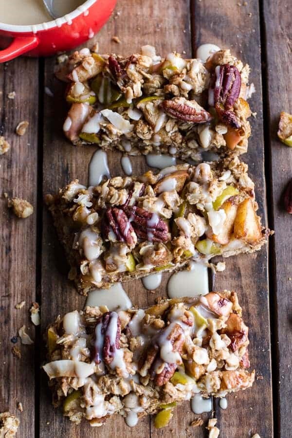 Brown butter caramelized apple crisp bars w/pecan streusel + mascarpone maple glaze