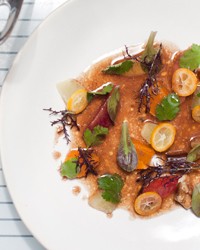 Brown butter chicken jus with citrus and greens